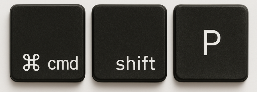 Three keyboard keys arranged horizontally:
cmd with the command symbol, shift with an upward arrow, and P in bold. Plus signs connect the
keys, illustrating the keyboard shortcut for opening the Command Palette.