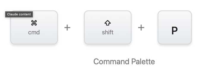 Three keyboard keys arranged horizontally: cmd with the command symbol, shift with an upward arrow, and P in bold. Plus signs connect the keys, illustrating the keyboard shortcut for opening the Command Palette. Below the keys, the text Command Palette appears in gray. The background is neutral with a clean and modern design, creating a calm and focused workspace.
